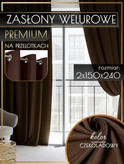 Czekoladowe zasłony welurowe na przelotkach 2x150x240 cm